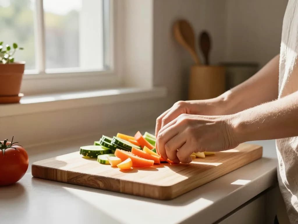 קרש חיתוך מעץ עם ירקות טריים חתוכים, אור יום דרך חלון מטבח