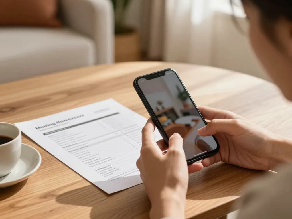 איש מקצוע בודק ומחתים חוזה הובלה על לוח קליפ ליד ארגזי מעבר