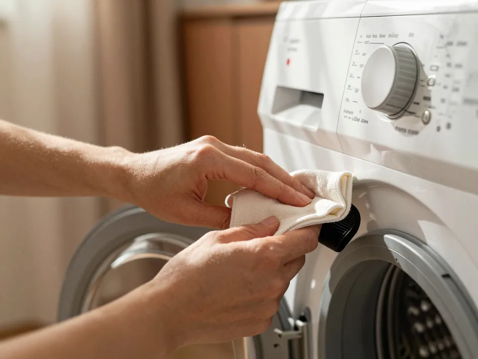 יד מנגבת את קפלי הגומי השחור סביב דלת מכונת כביסה עם מטלית לחה